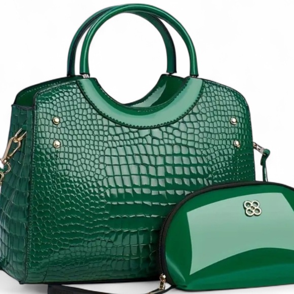Handbags - Emerald Green Faux Crocodile Patent Leather Satchel Handbag